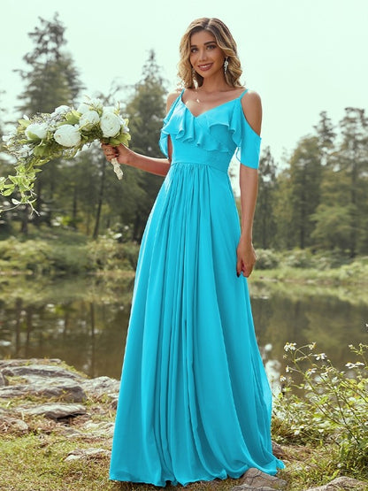 A-Line/Princess Chiffon Ruffles V-neck Sleeveless Floor-Length Bridesmaid Dresses