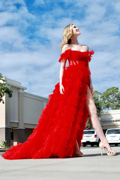 Off the Shoulder Ruffle Red Layered Tulle Prom Dress with Slit