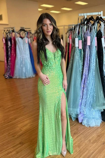 Cute Mermaid V Neck Green Sequin Mermaid Long Prom Dresses with Appliques