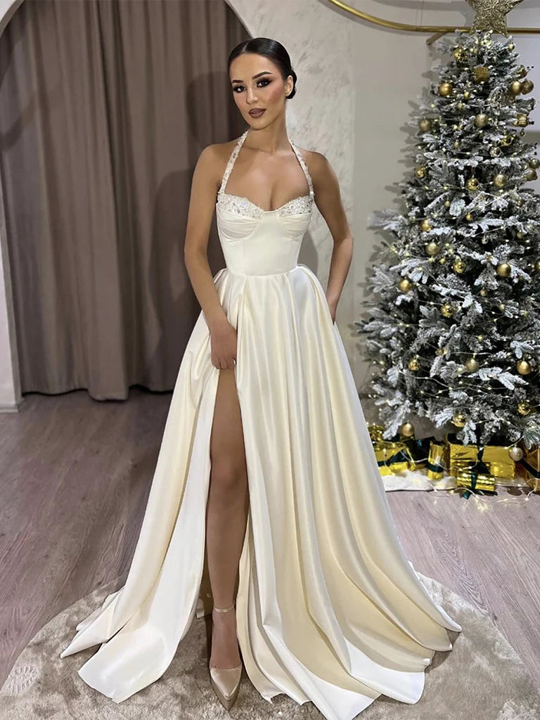 A-Line Sweetheart Neck Satin Beads Beige Long Prom Dress Evening Dress With Slit