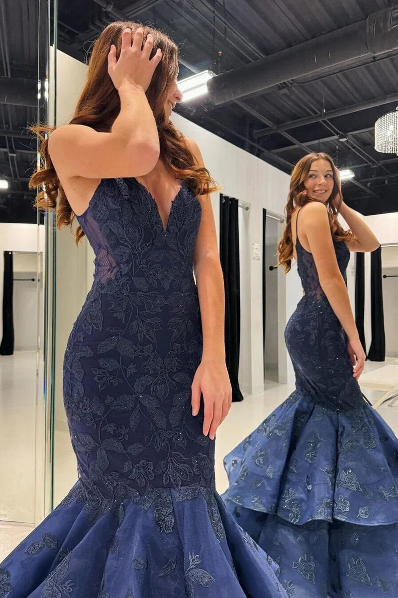 Navy Blue V Neck Mermaid Long Prom Dresses with Appliques