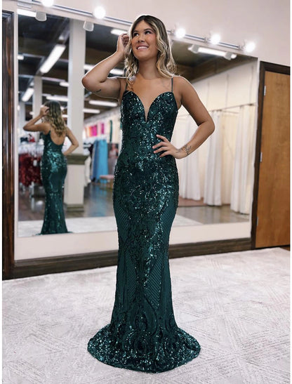 Mermaid / Trumpet Prom Dresses Sparkle & Shine Dress Formal Sweep / Brush Train Sleeveless V Neck Sequined Backless with Sequin