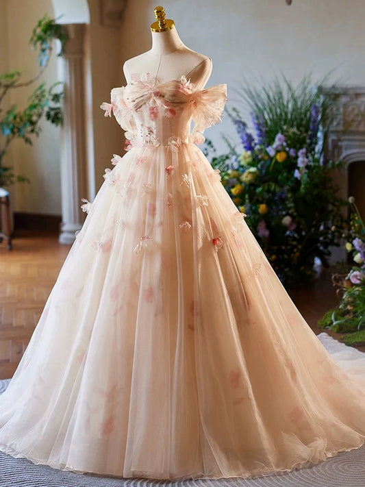 A-Line Off Shoulder Tulle Champagne Long Prom Dress Formal Dress Quinceanera Dress