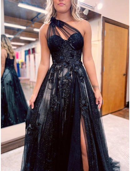 A-Line Prom Dresses Color Block Dress Formal Wedding Guest Sweep / Brush Train Sleeveless One Shoulder Tulle Backless with Pleats Appliques