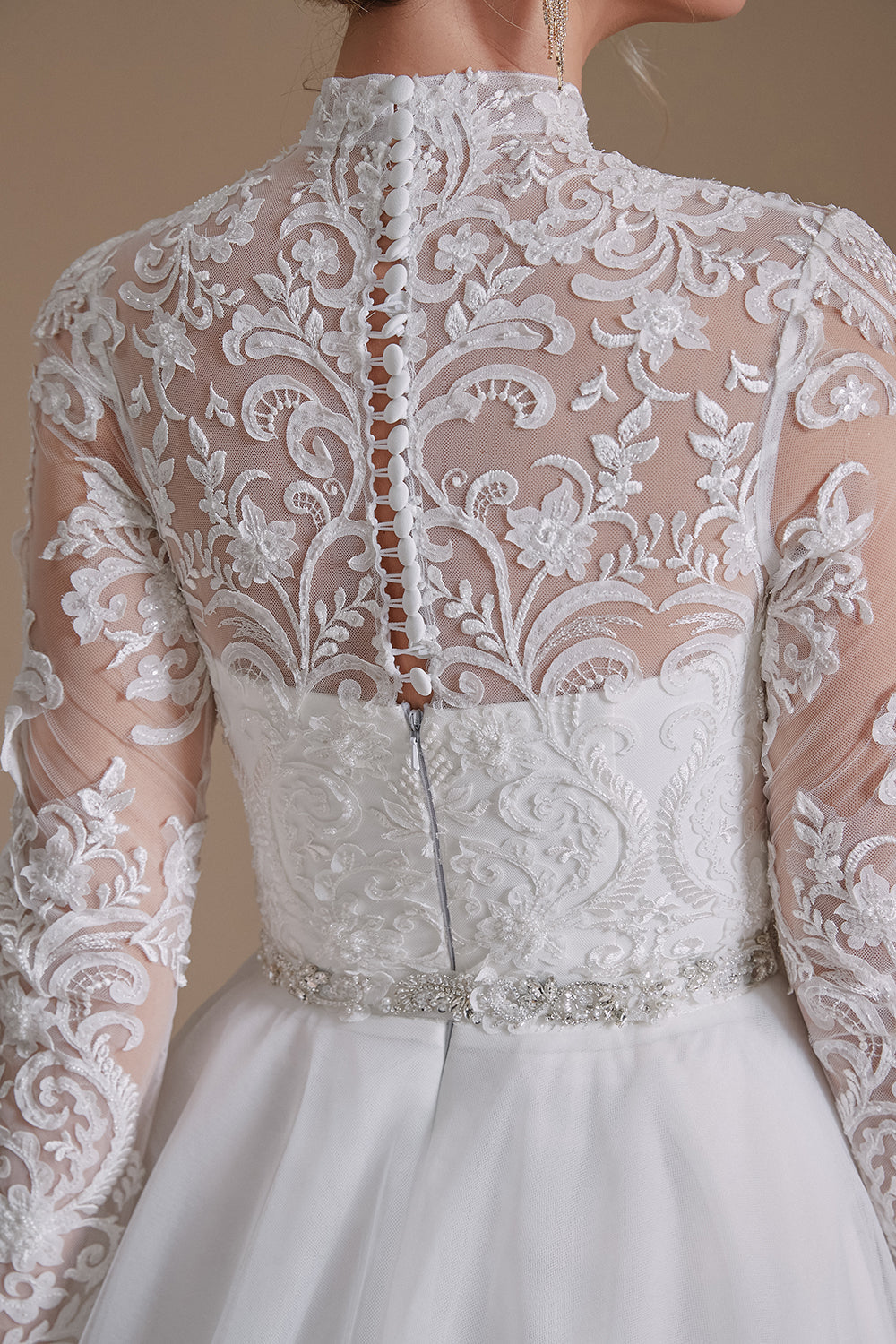 White A-Line High Neck Long Sleeves Wedding Dress with Lace – Koutun Dress