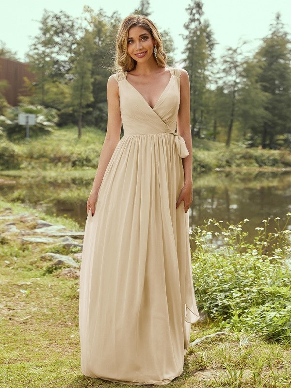 A-Line/Princess Chiffon Ruffles V-neck Sleeveless Floor-Length Bridesmaid Dresses