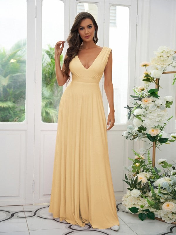 A-Line/Princess Jersey Ruffles V-neck Sleeveless Floor-Length Bridesmaid Dresses