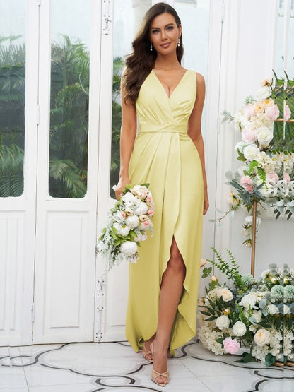 A-Line/Princess Charmeuse Ruched V-neck Sleeveless Sweep/Brush Train Bridesmaid Dresses