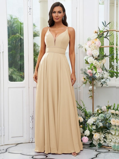 A-Line/Princess Chiffon Ruffles V-neck Sleeveless Floor-Length Bridesmaid Dresses