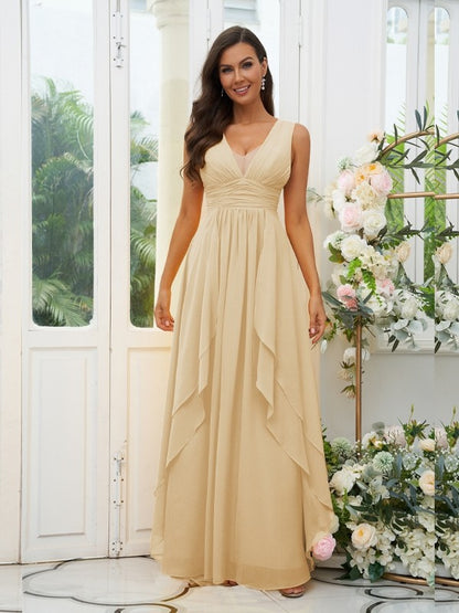 A-Line/Princess Chiffon Ruffles V-neck Sleeveless Floor-Length Bridesmaid Dresses