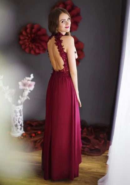 Chiffon A-Line Sleeveless High Neck Overskirt Wine Red Long Prom Dress, Lace