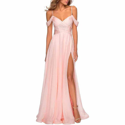 Chiffon Bridesmaid Dresses with Pockets V Neck Long Prom Dress Formal Evening Gown with Slit