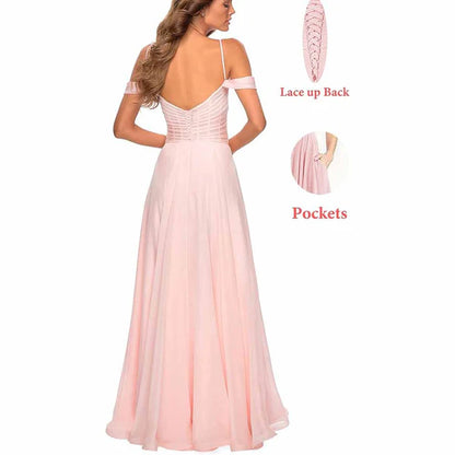 Chiffon Bridesmaid Dresses with Pockets V Neck Long Prom Dress Formal Evening Gown with Slit