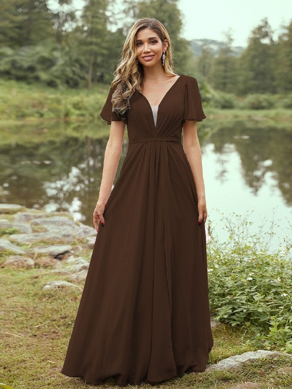 A-Line/Princess Chiffon Ruffles V-neck Short Sleeves Floor-Length Bridesmaid Dresses