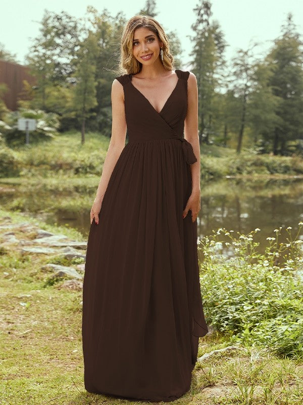 A-Line/Princess Chiffon Ruffles V-neck Sleeveless Floor-Length Bridesmaid Dresses