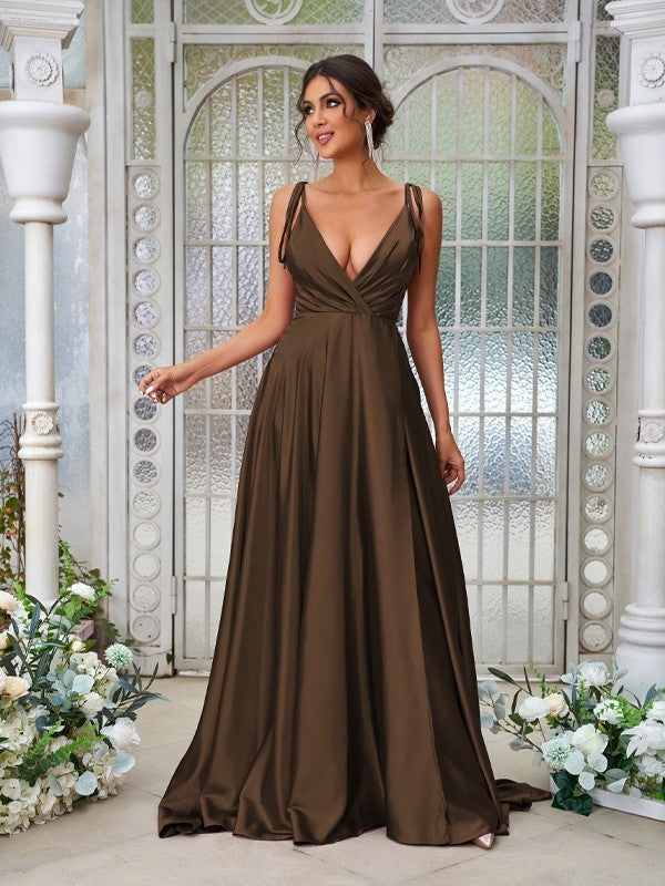 A-Line/Princess Silk like Satin Ruffles V-neck Sleeveless Sweep/Brush Train Bridesmaid Dresses