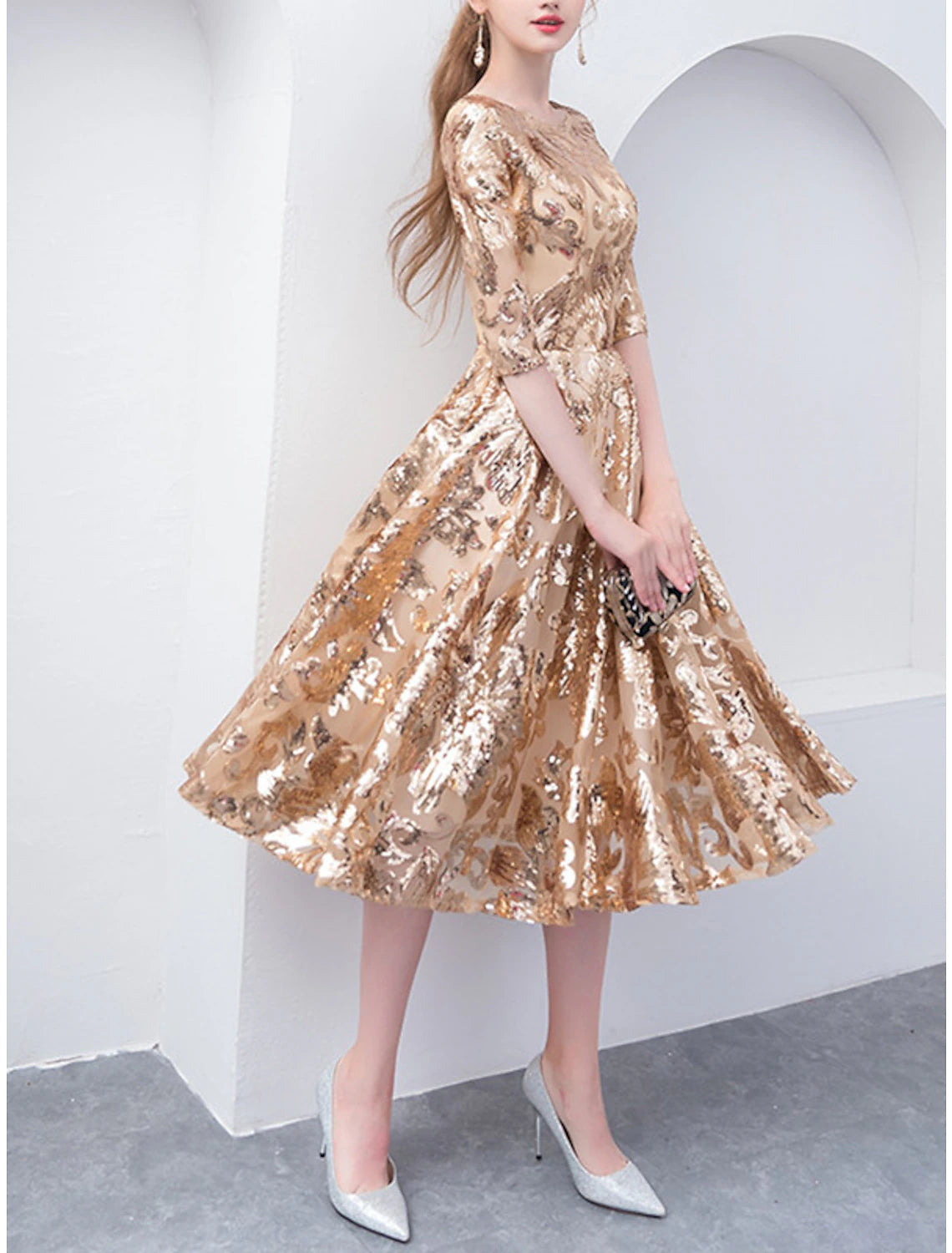 A-Line Mother of the Bride Dress Elegant Sparkle & Shine Jewel Neck Tea Length Tulle Half Sleeve with Sequin