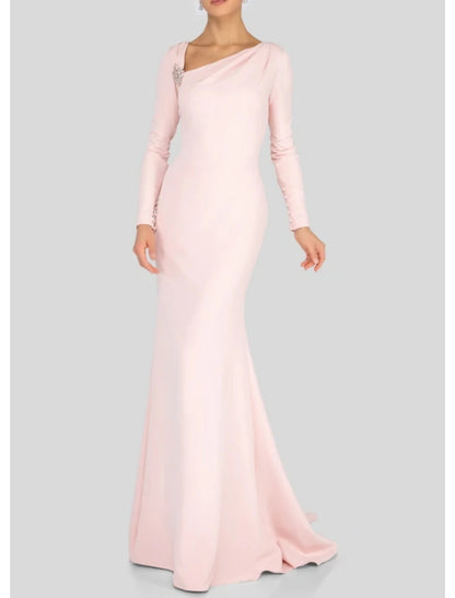 Sheath / Column Mother of the Bride Dress Elegant V Neck Floor Length Polyester Long Sleeve with Beading Ruching