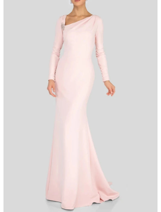 Sheath / Column Mother of the Bride Dress Elegant V Neck Floor Length Polyester Long Sleeve with Beading Ruching