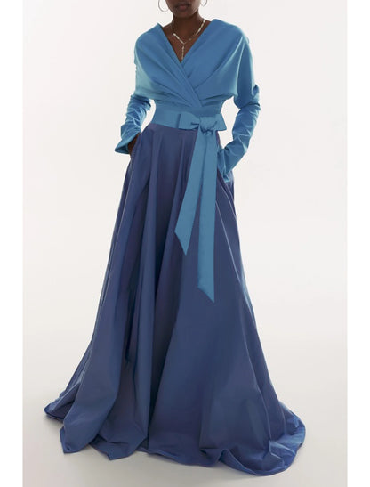 A-Line Evening Gown Elegant Dress Formal Fall Sweep / Brush Train Long Sleeve V Neck Stretch Fabric with Pleats Ruched