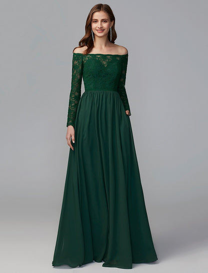 A-Line Bridesmaid Dress Off Shoulder Long Sleeve Elegant Floor Length Chiffon / Lace with Lace