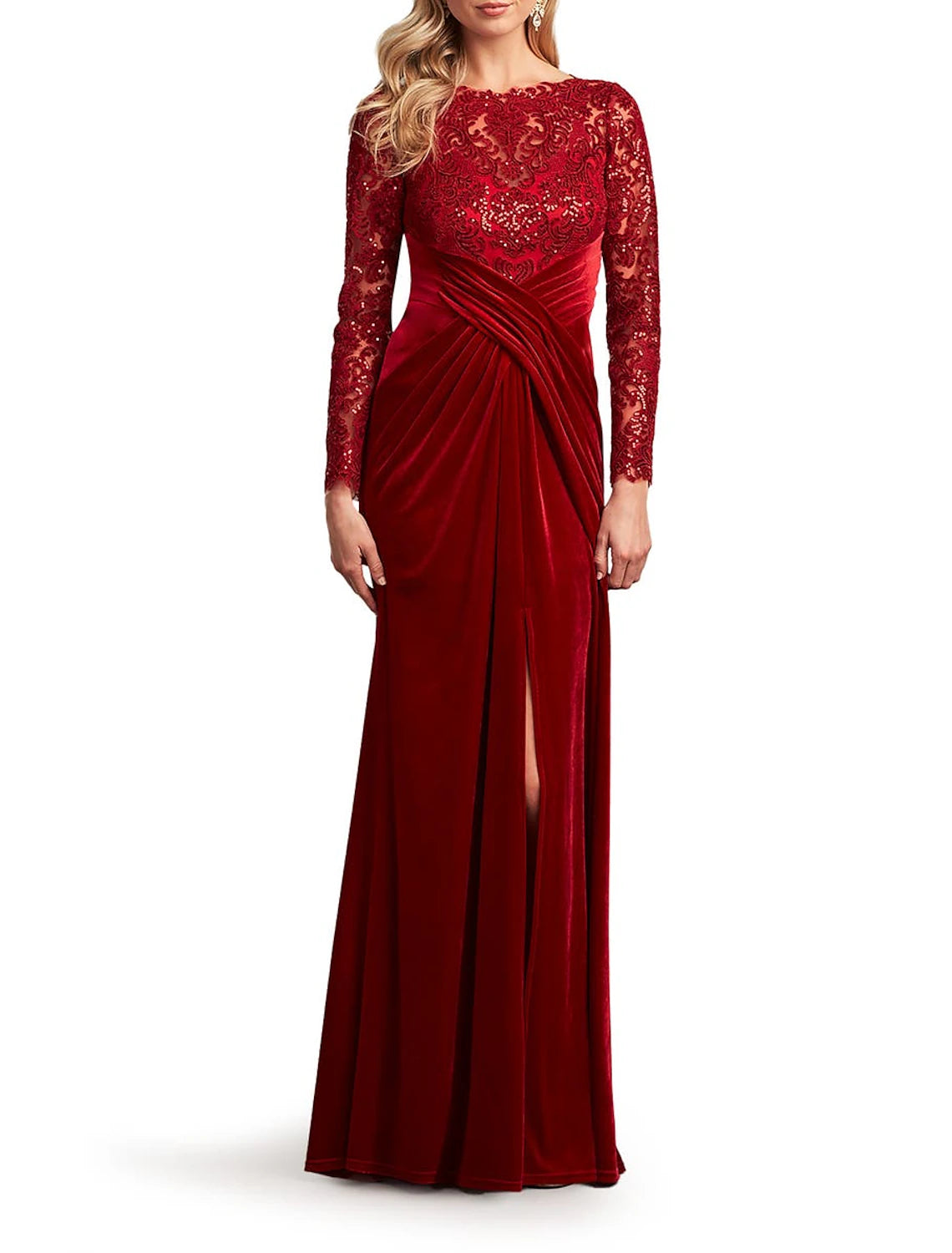 A-Line Mother of the Bride Dress Formal Wedding Guest Party Elegant Scoop Neck Floor Length Lace Sequined Velvet Long Sleeve with Ruched Appliques