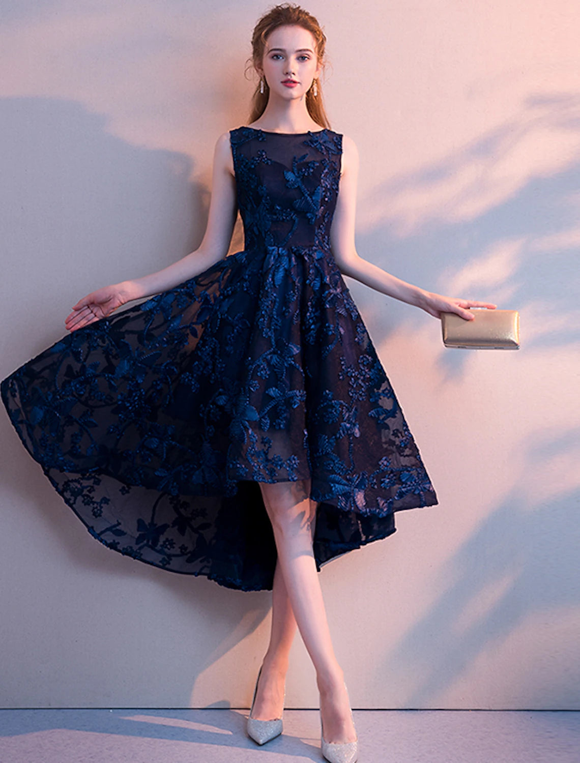 A-Line Cocktail Dresses Minimalist Dress Homecoming Asymmetrical Sleeveless Jewel Neck Tulle with Pleats Pattern / Print