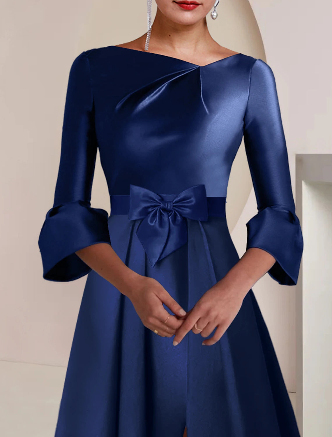 A-Line Mother of the Bride Dress Formal Wedding Guest Party Elegant Bateau Neck Tea Length Satin 3/4 Length Sleeve with Bow(s) Split Front