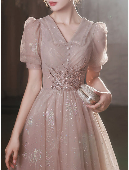 A-Line Prom Dresses Sparkle & Shine Dress Party Wear Prom Tea Length Half Sleeve V Neck Satin with Buttons Appliques