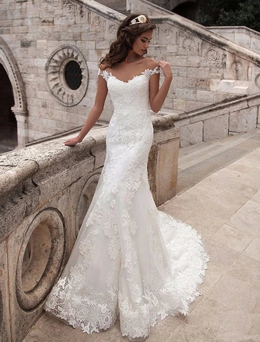 Engagement Open Back Formal Wedding Dresses Mermaid / Trumpet Off Shoulder Cap Sleeve Court Train Lace Bridal Gowns With Appliques Summer Wedding Party