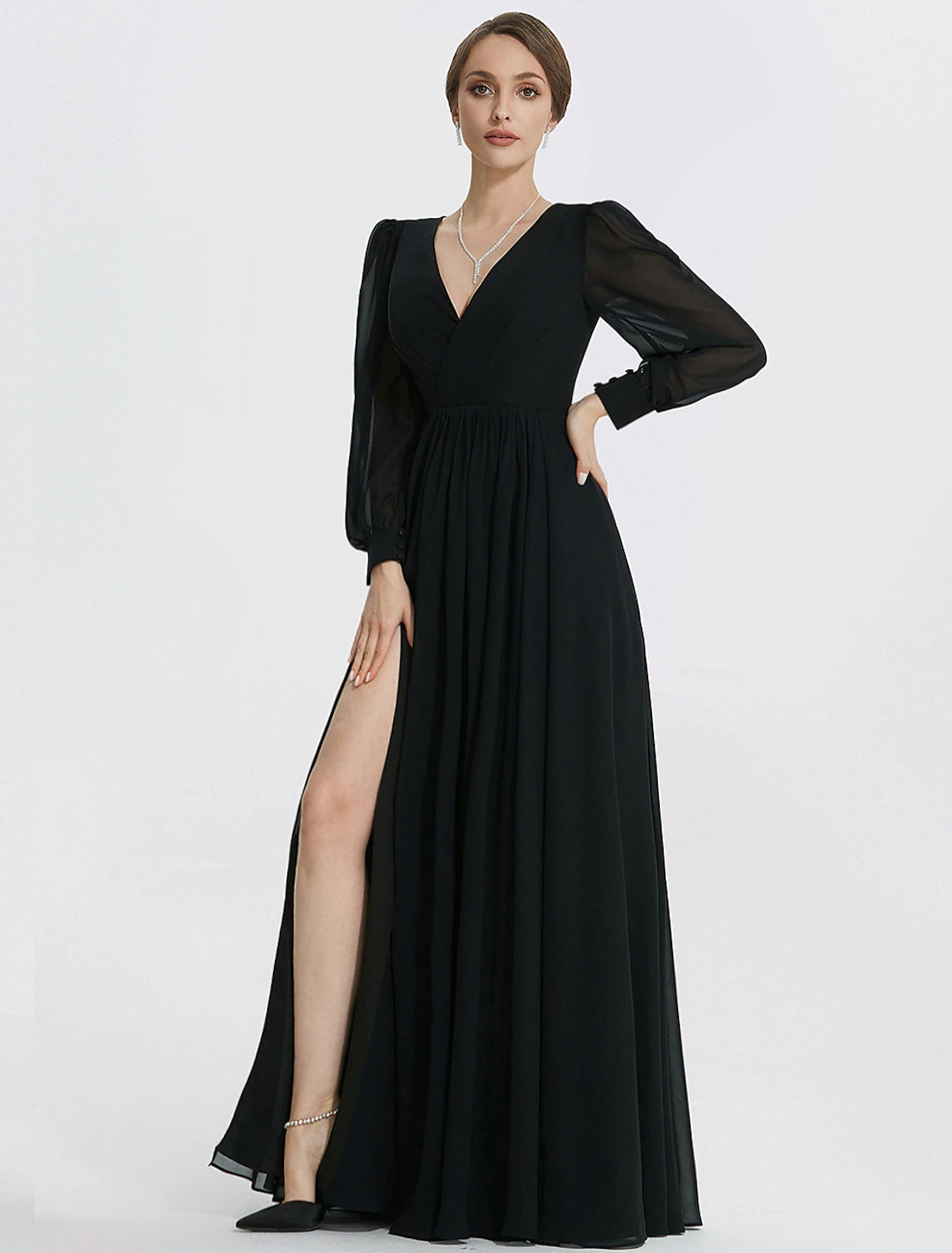 A-Line Evening Gown Elegant Dress Formal Floor Length Long Sleeve V Ne