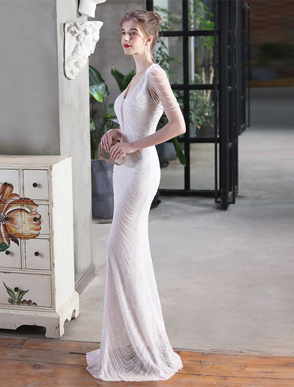 Mermaid / Trumpet Evening Gown Sparkle & Shine Dress Formal Wedding Guest Floor Length Sleeveless V Neck Sequined with Fringe Sequin Tassel