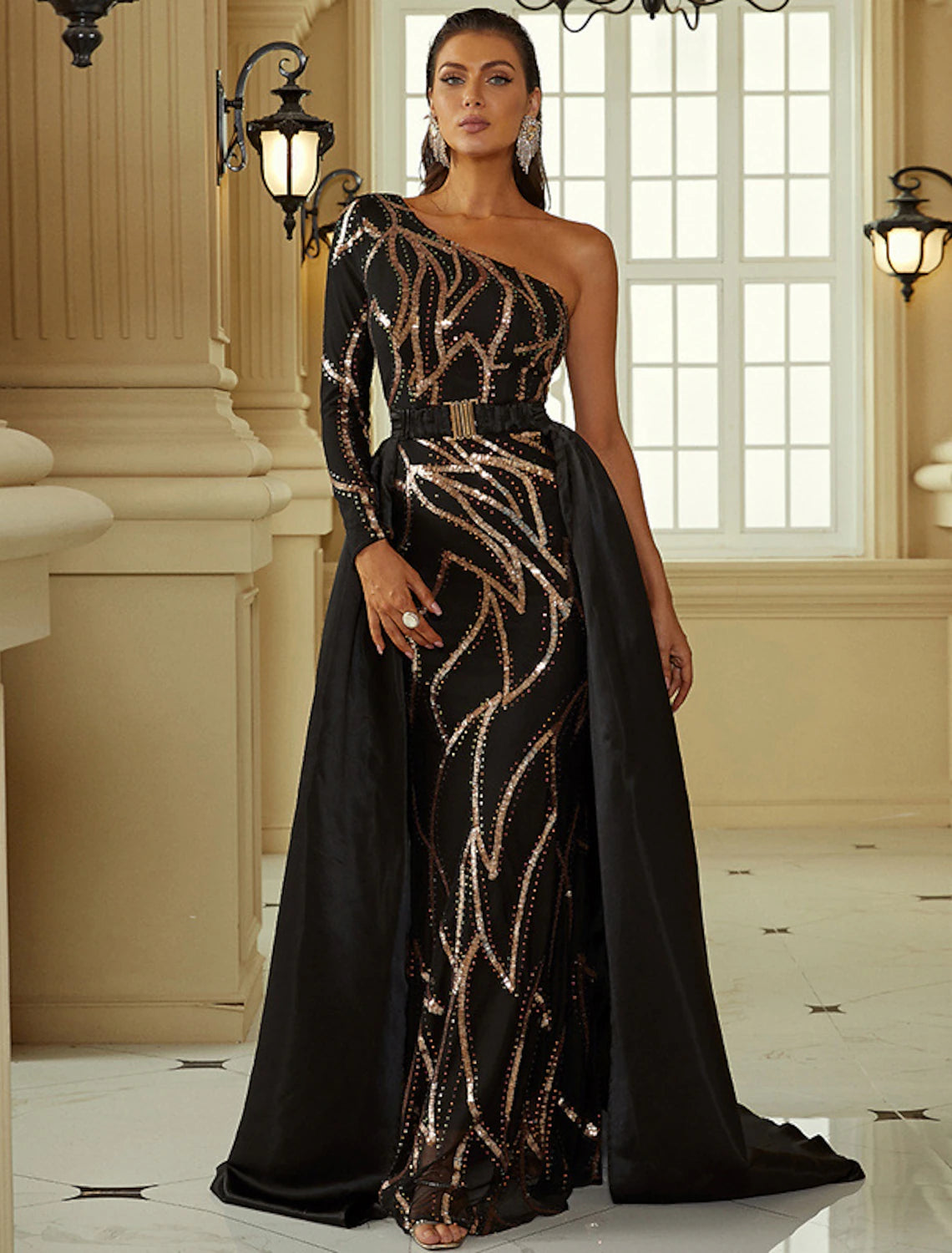 Mermaid / Trumpet Evening Gown Vintage Dress Formal Wedding Guest Court Train Long Sleeve One Shoulder Polyester with SequinMermaid / Trumpet Evening Gown Vintage Dress Formal Wedding Guest Court Train Long Sleeve One Shoulder Polyester with Sequin