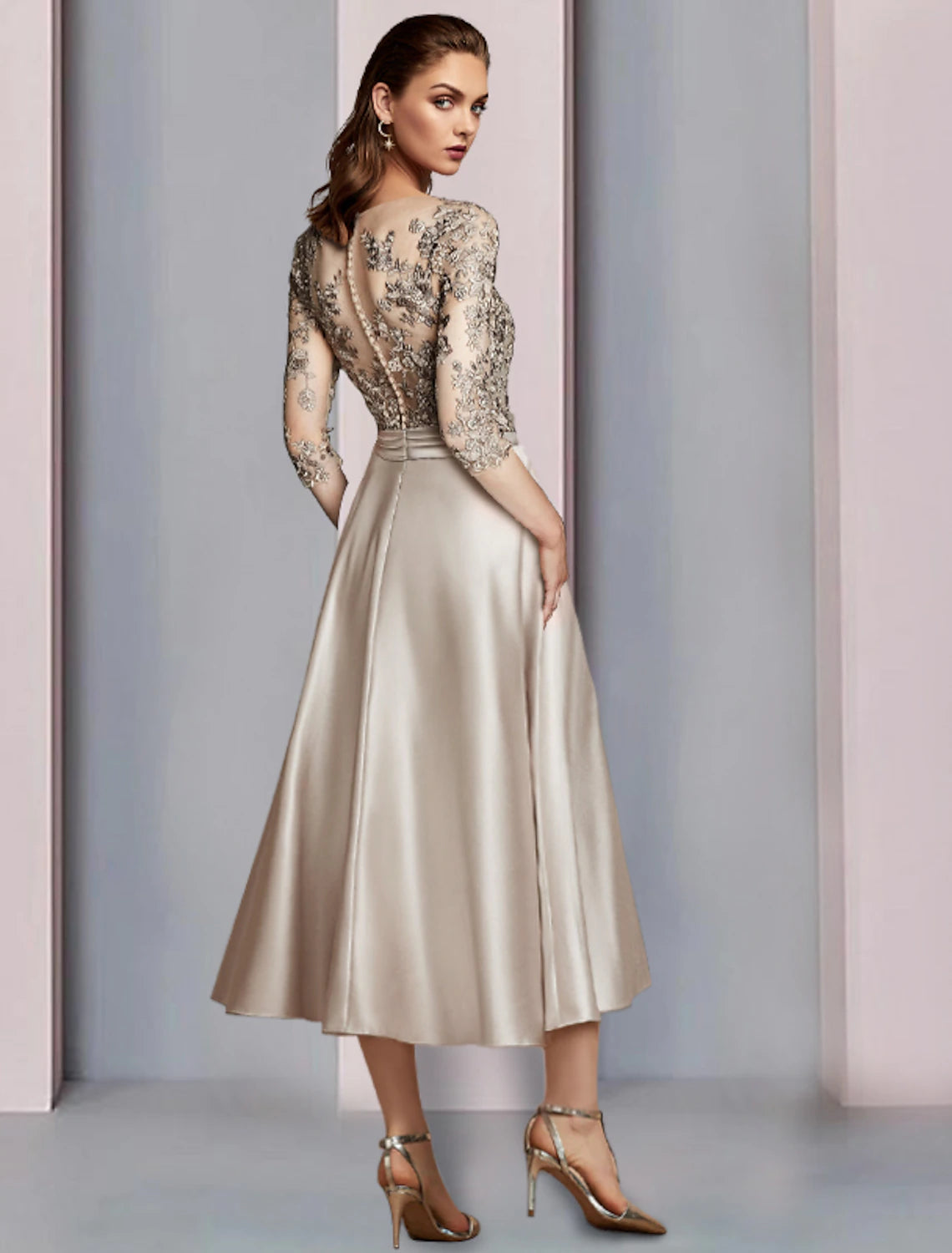A-Line Mother of the Bride Dress Wedding Guest Elegant V Neck Tea Leng ...