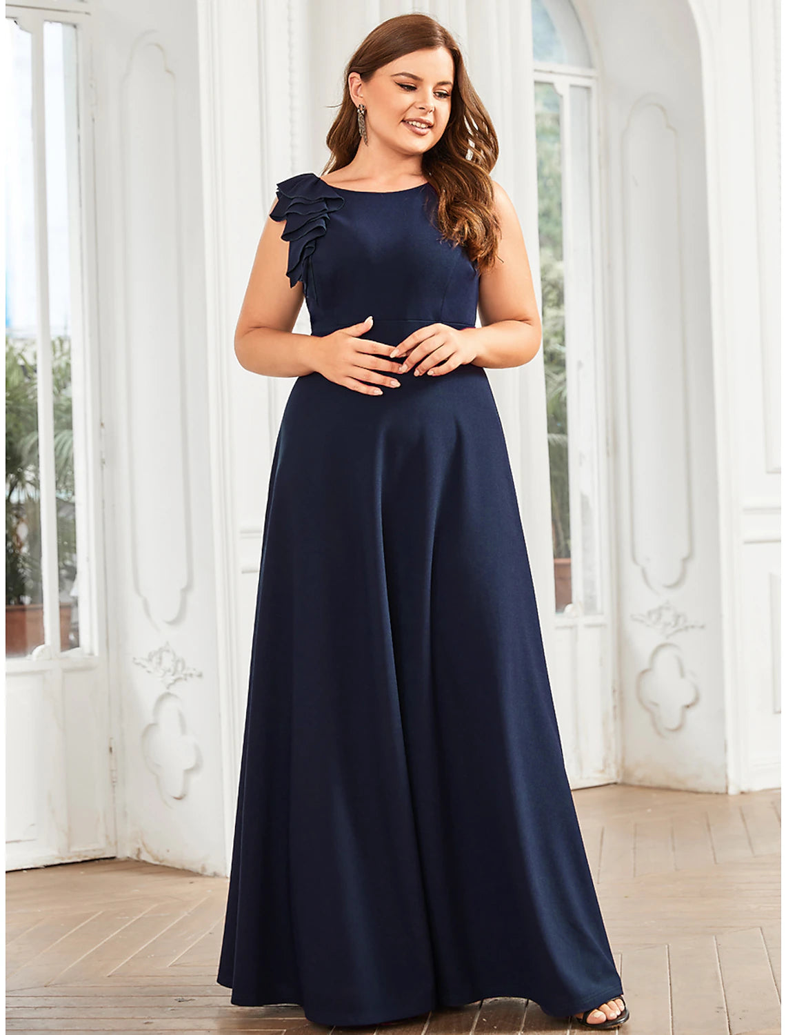 A-Line Evening Gown Plus Size Dress Formal Floor Length Sleeveless Jewel Neck Polyester with Draping Appliques Pure Color