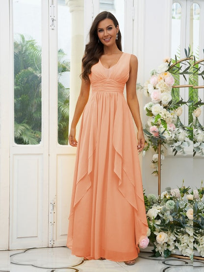 A-Line/Princess Chiffon Ruffles V-neck Sleeveless Floor-Length Bridesmaid Dresses