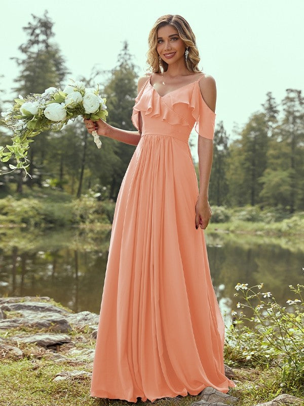 A-Line/Princess Chiffon Ruffles V-neck Sleeveless Floor-Length Bridesmaid Dresses