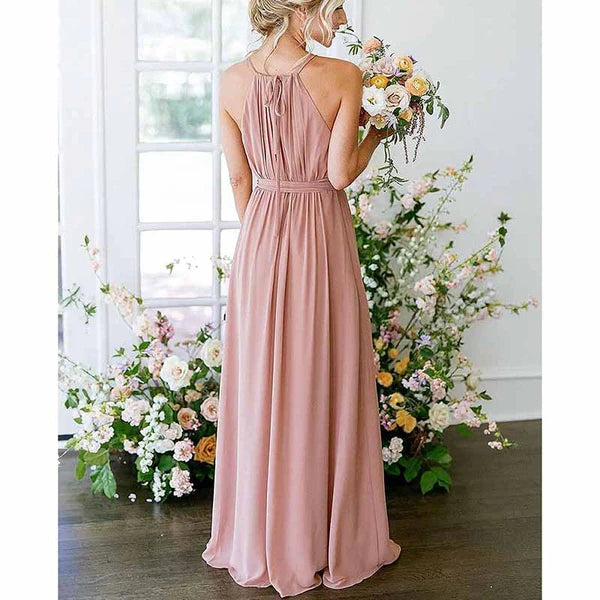 Halter Chiffon Bridesmaid Dress Long A-Line Weddign Guest Dresses