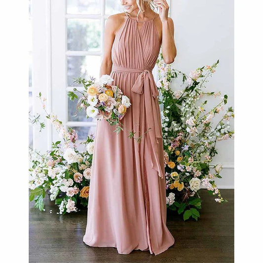 Halter Chiffon Bridesmaid Dress Long A-Line Weddign Guest Dresses