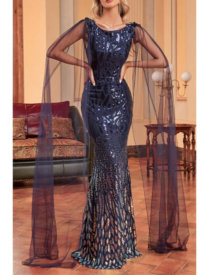 Mermaid / Trumpet Mother of the Bride Dress Wedding Guest Party Sparkle & Shine Bateau Neck Floor Length Tulle Sequined Sleeveless with Sequin Draping