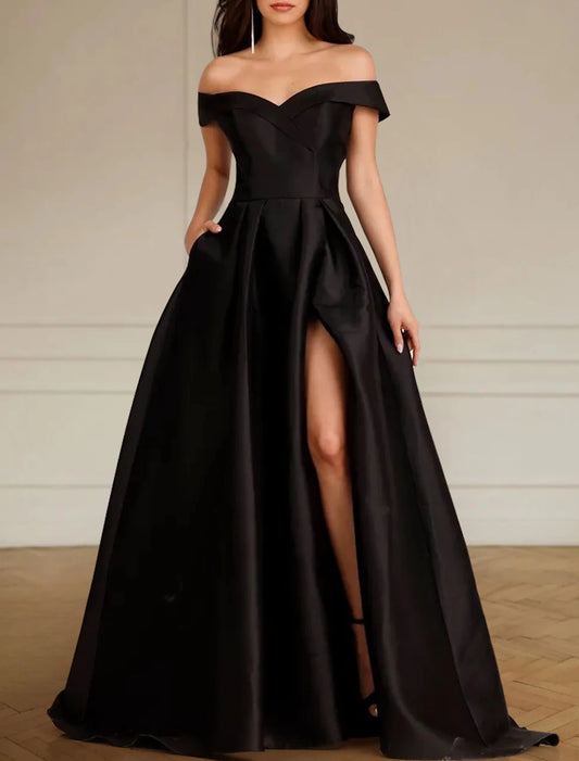 Engagement Formal Black Wedding Dresses A-Line Off Shoulder Sleeveless Sweep / Brush Train Satin Bridal Gowns With Pleats Split Front