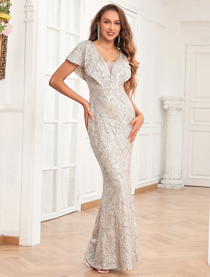 Mermaid / Trumpet Evening Gown Elegant Dress Evening Party Prom Floor Length Short Sleeve V Neck Fall Wedding Reception Sequined V Back with Sequin
