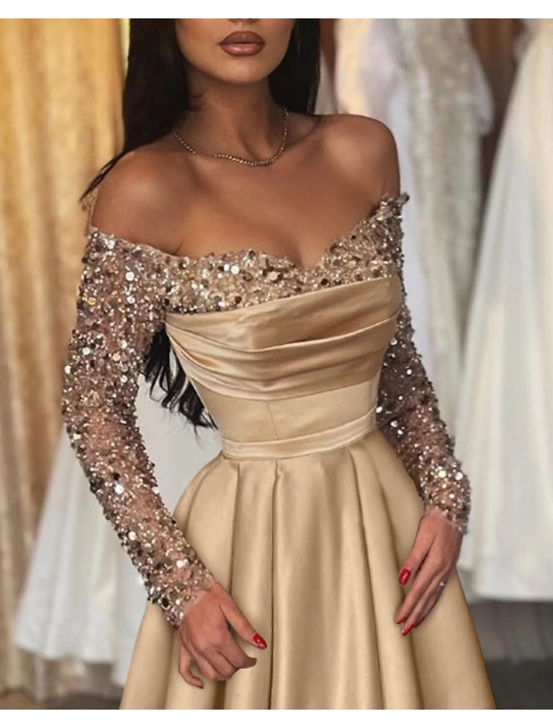 Ball Gown Party Dress Evening Gown Party Dress Hot Dress Engagement Wedding Reception Sweep / Brush Train 3/4 Length Sleeve Off Shoulder Satin with Sequin
