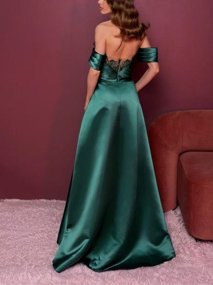 A-Line Satin Strapless Sleeveless Floor-Length Evening Dress with Applique