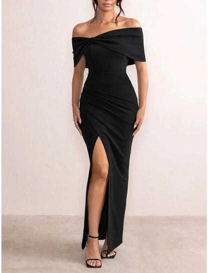 Women's Black Dress Prom Dress Party Dress Long Dress Maxi Dress Black Red Short Sleeve Plain Backless Summer Spring Fall Off Shoulder Elegant Wedding Guest Evening Party Vacation