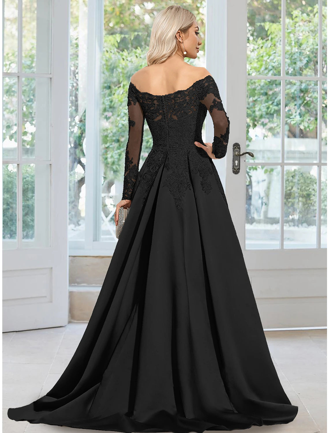 A-Line Evening Gown Elegant Dress Formal Wedding Guest Court Train Long Sleeve Off Shoulder Satin with Appliques