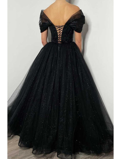 A-Line Prom Dresses Elegant Dress Formal Floor Length Black Dress Short Sleeve Off Shoulder Tulle with Pleats Beading Sequin