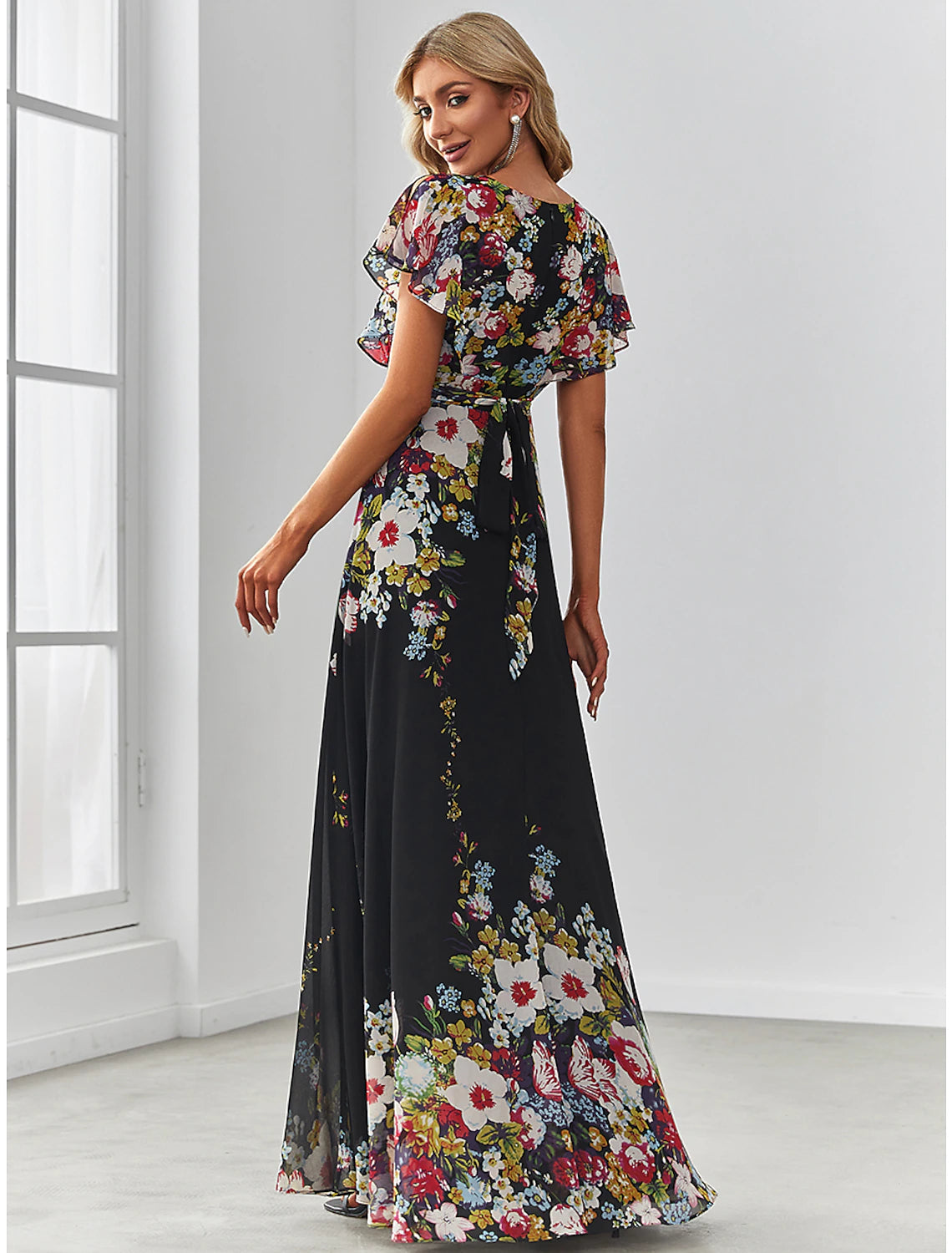 A-Line Evening Gown Floral Dress Birthday Floor Length Short Sleeve V Neck Chiffon with Pattern / Print