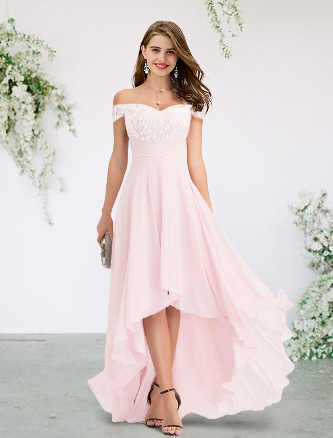 A-Line Bridesmaid Dress Off Shoulder Short Sleeve Elegant Sweep / Brush Train / Asymmetrical Chiffon / Lace with Appliques