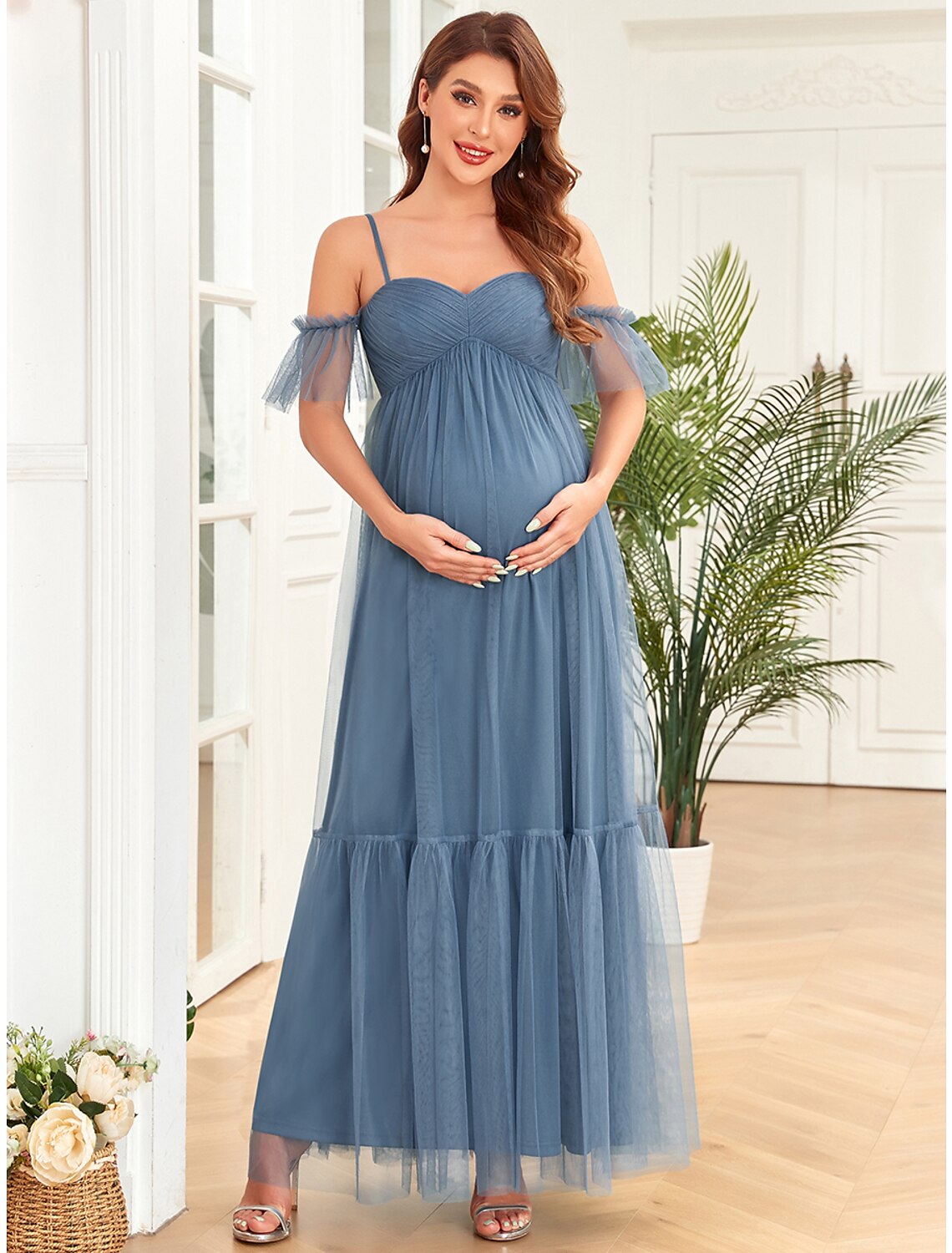 A-Line Evening Gown Maternity Dress Party Wear Floor Length Sleeveless Spaghetti Strap Tulle with Ruched